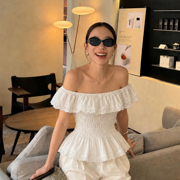 Áo Trễ Vai Ren CHEZIHOUSE chun eo dáng Peplum , Áo Kiểu Nữ Tôn Dáng Màu Trắng Siêu Xinh Hot Trend #HA410