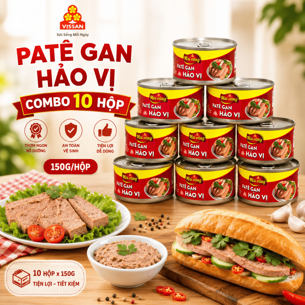 [ COMBO 10 HỘP ] Patê Gan Hảo Vị Vissan – Date 2029, HSD 36 Tháng, Ăn Liền Tiện Lợi