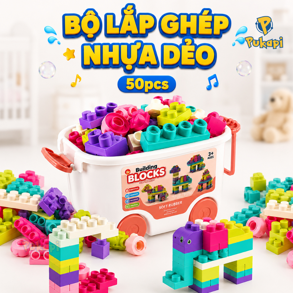 Thùng Đồ Chơi Xếp Hình Nhựa Dẻo 50 Chi Tiết Lớn Lắp Ráp Hộp Đồ Chơi Thông Minh Size To - Đồ Chơi Cho Bé PUKAPI