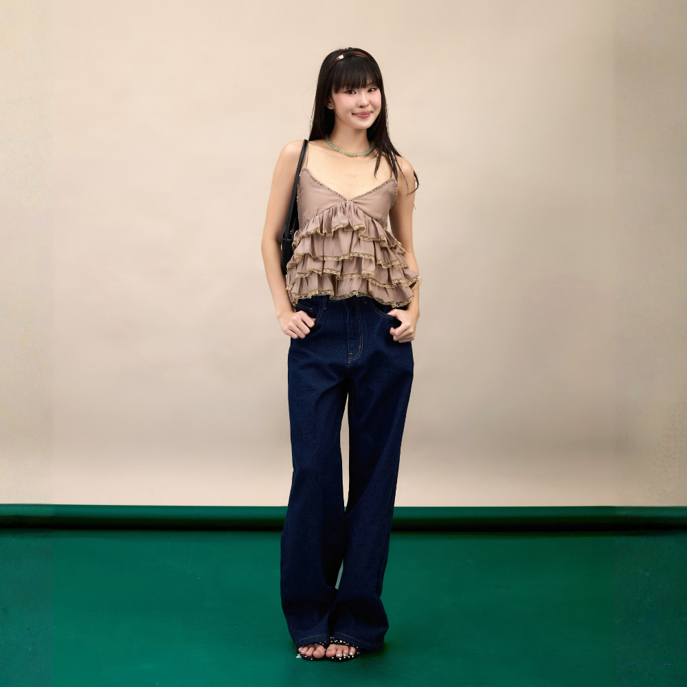 Quần jeans dài nữ ống rộng suông Piao Miều Est.2013 màu xanh đen chất denim dày dặn