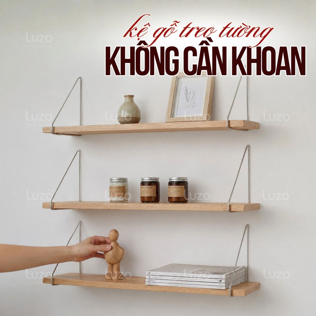 Kệ Gỗ Treo Tường Không Cần Khoan Tường, Thanh ngang treo tường nhiều Size Kèm Phụ Kiện | Luzo Home