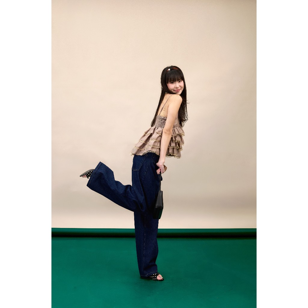 Quần jeans dài nữ ống rộng suông Piao Miều Est.2013 màu xanh đen chất denim dày dặn