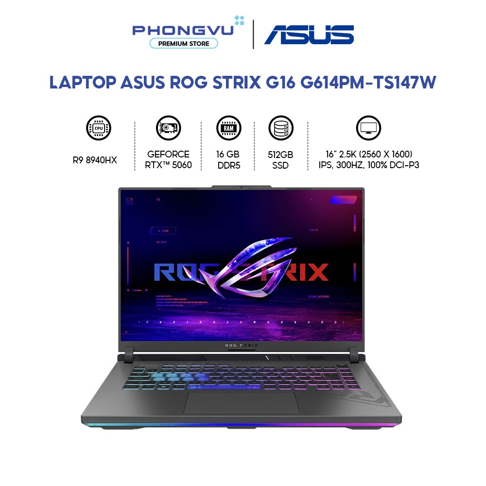 Laptop Gaming Asus ROG Strix G16 G614PM-TS147W (Ryzen 9 8940HX/ GeForce RTX™ 5060/ 16GB/ 512GB/ Windows 11 Home) | BigBuy360 - bigbuy360.vn