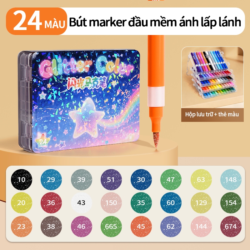 Bút sơn acrylic kim tuyến phát sáng đầu mềm bộ 60 màu không độc vẽ tranh DIY cho người lớn trẻ em