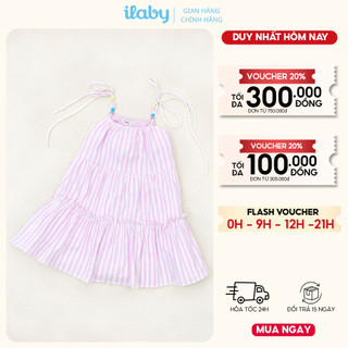 Váy bé gái ILABY HCM Váy hai dây phối hạt sắc màu, họa tiết kẻ sọc tím pastel điệu đà [3933]