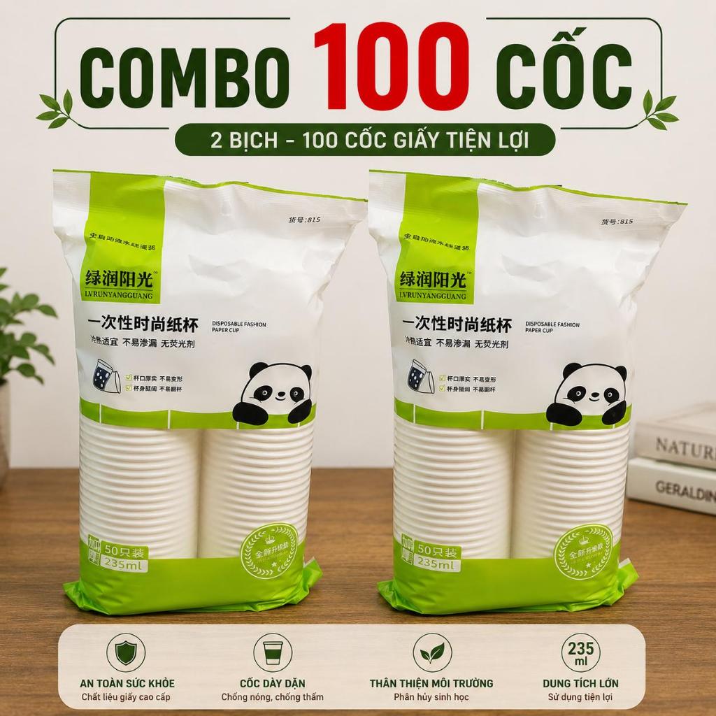 [ HOẢ TỐC ] COMBO 50-100 cốc giấy dùng 1 lần, Ly giấy chịu nhiệt tốt, an toàn, dày đẹp tiện dụng dung tích 235ml