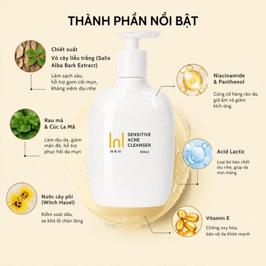 Sữa Rửa Mặt Cho Da Dầu Mụn Nhạy Cảm SENSITIVE ACNE CLEANSER Le&Lu 300ml