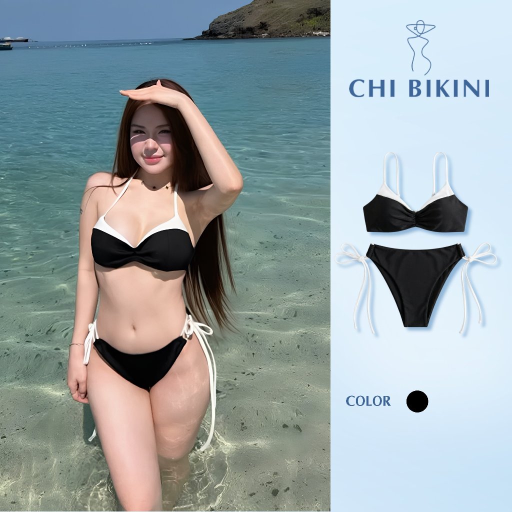 Bikini 2 mảnh basic đen mix trắng Chi Bikini, đồ bơi nữ đi biển tôn dáng, có sẵn mút ngực B506