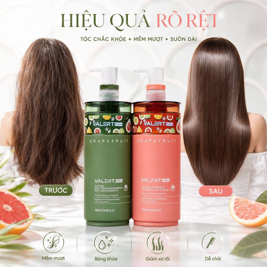 Cặp Dầu Gội Xả Bưởi Valert Grapefruit Iloliyas 850ml|Sạch Thoáng Da Đầu,Tóc Mềm Mượt Bóng Khỏe Chuẩn Salon