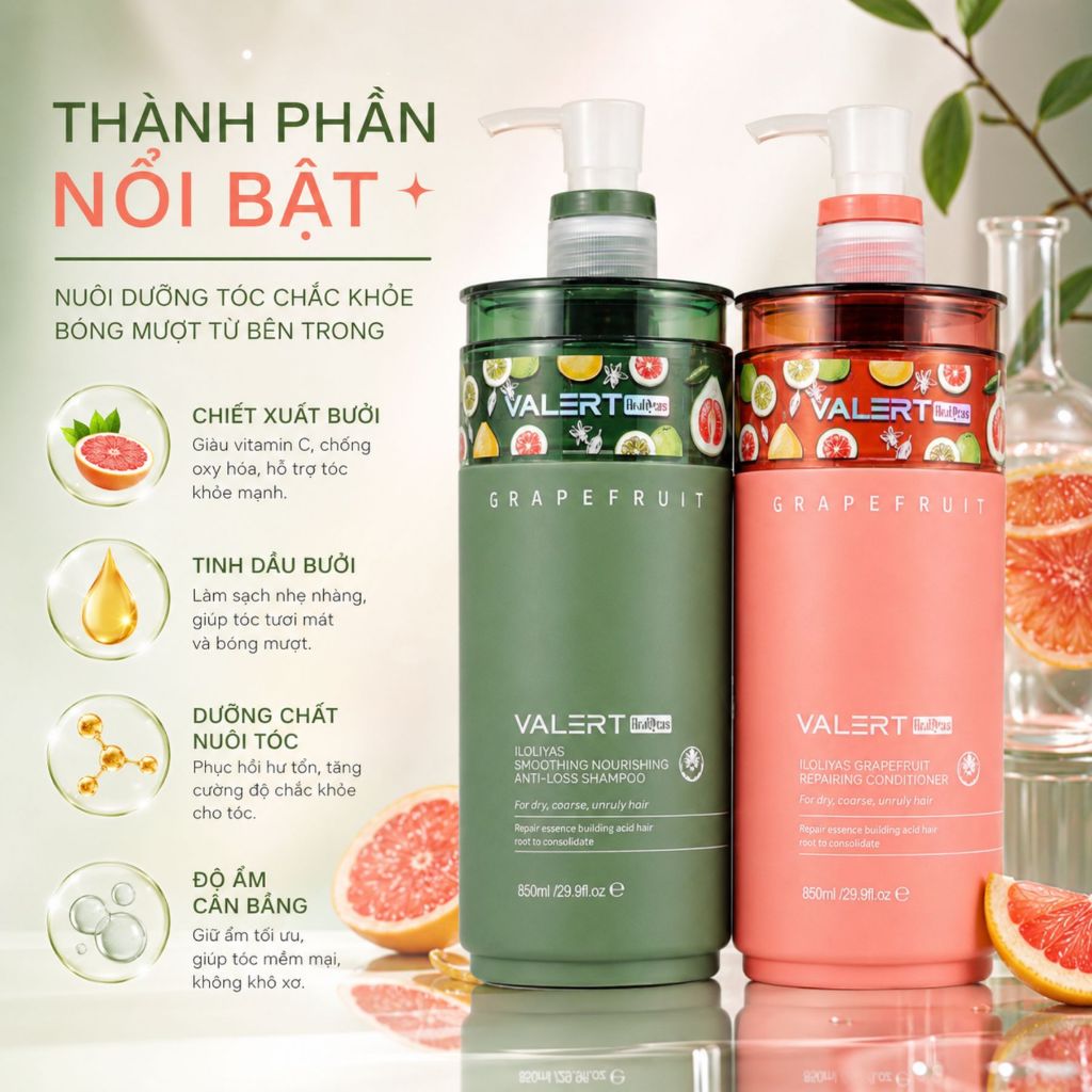 Cặp Dầu Gội Xả Bưởi Valert Grapefruit Iloliyas 850ml|Sạch Thoáng Da Đầu,Tóc Mềm Mượt Bóng Khỏe Chuẩn Salon
