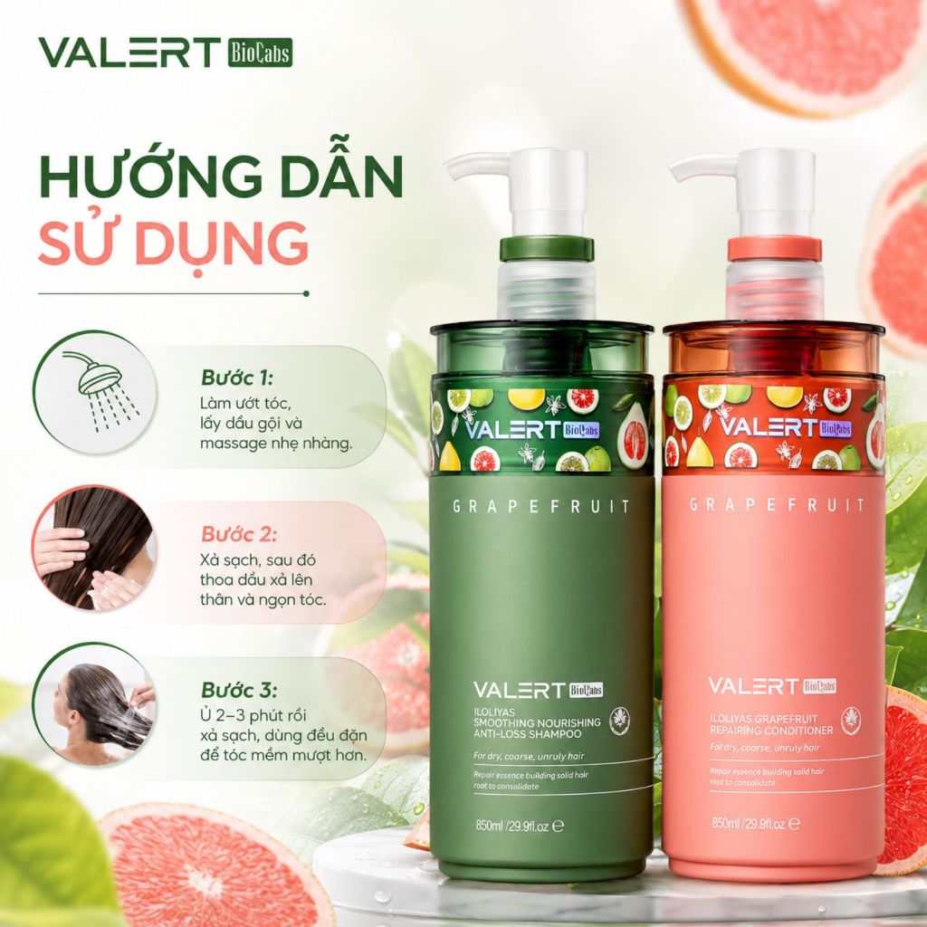 Cặp Dầu Gội Xả Bưởi Valert Grapefruit Iloliyas 850ml|Sạch Thoáng Da Đầu,Tóc Mềm Mượt Bóng Khỏe Chuẩn Salon