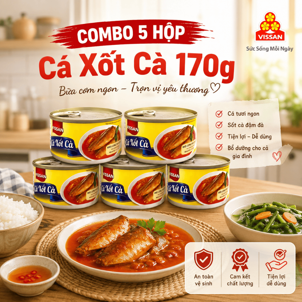 [Combo 5 Hộp] Cá Xốt Cà Vissan 170g – Chính Hãng Date 2028, HSD 36 Tháng, Ăn Liền Tiện Lợi
