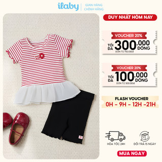 Áo thun bé gái ILABY HCM cổ tròn tăm kẻ sọc đỏ, dáng baby doll phối bèo voan trắng điệu đà [3844]