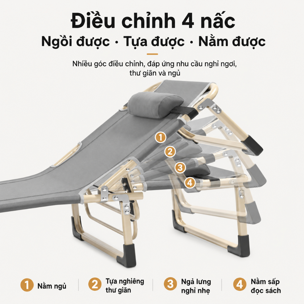 Sẵn hàng Giường gấp ngủ trưa văn phòng CONOCO gấp gọn, tựa lưng 4 nấc khung thép chắc chắn