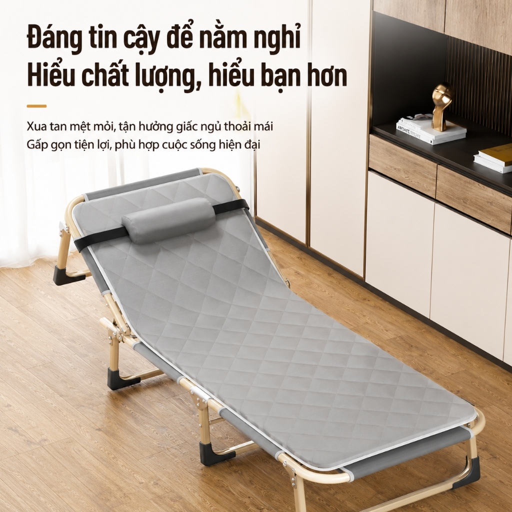Sẵn hàng Giường gấp ngủ trưa văn phòng CONOCO gấp gọn, tựa lưng 4 nấc khung thép chắc chắn