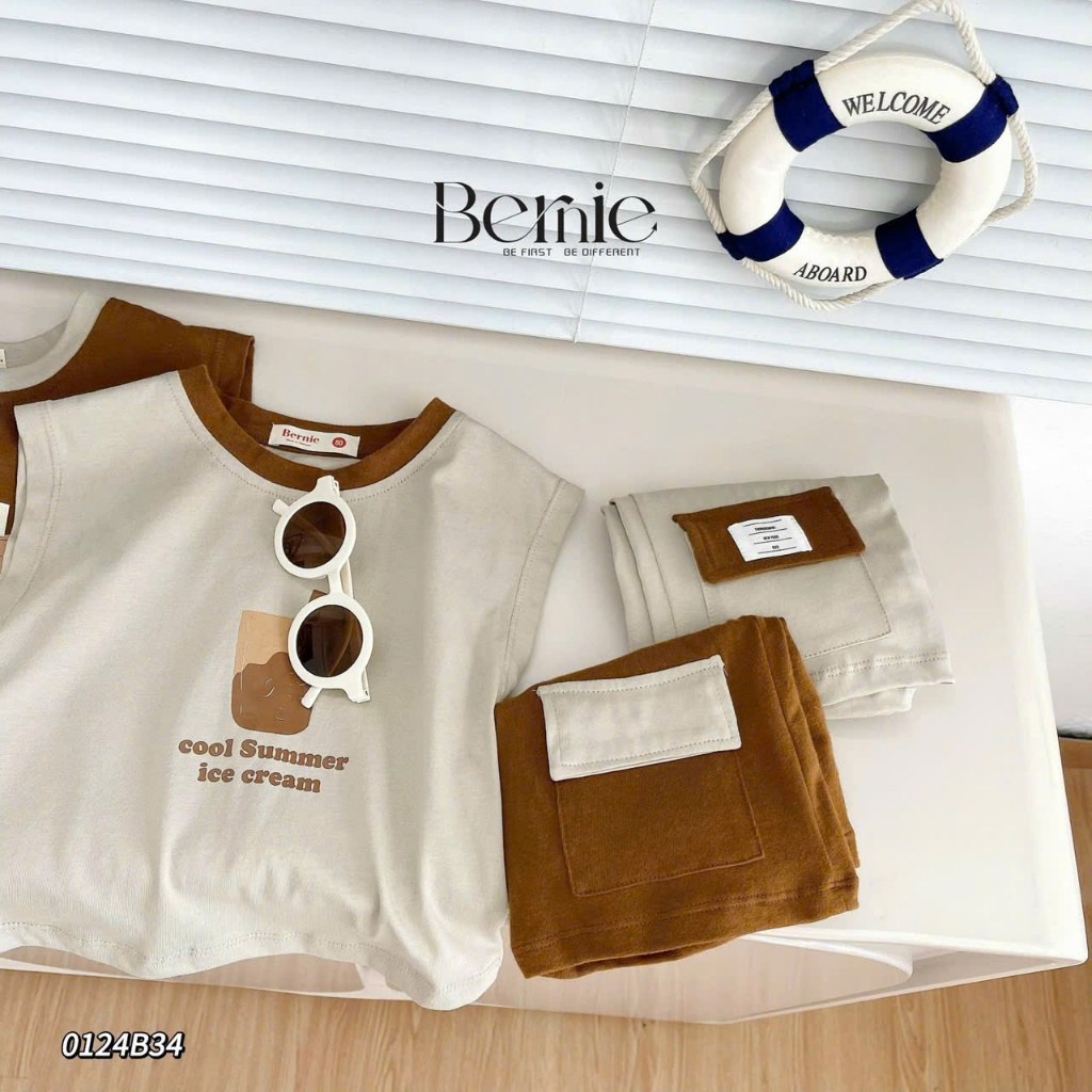 Bộ bé trai cotton phối quần túi hộp hoạ tiết trà sữa cho bé, bộ thun cổ tròn ba lỗ dáng basic bé trai