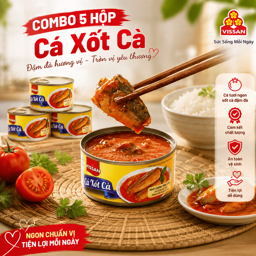 [Combo 5 Hộp] Cá Xốt Cà Vissan 170g – Chính Hãng Date 2028, HSD 36 Tháng, Ăn Liền Tiện Lợi