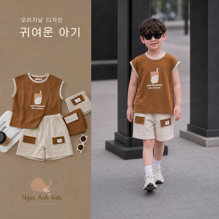 Bộ bé trai cotton phối quần túi hộp hoạ tiết trà sữa cho bé, bộ thun cổ tròn ba lỗ dáng basic bé trai