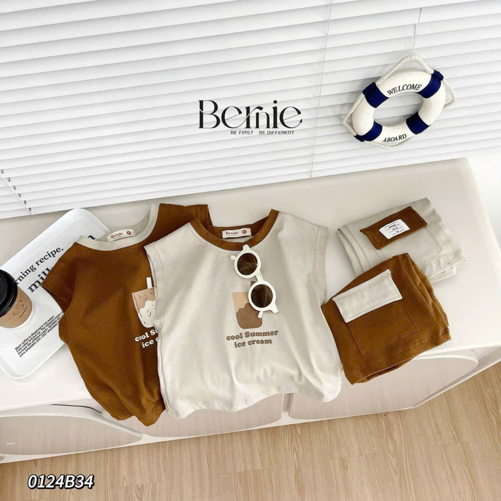 Bộ bé trai cotton phối quần túi hộp hoạ tiết trà sữa cho bé, bộ thun cổ tròn ba lỗ dáng basic bé trai