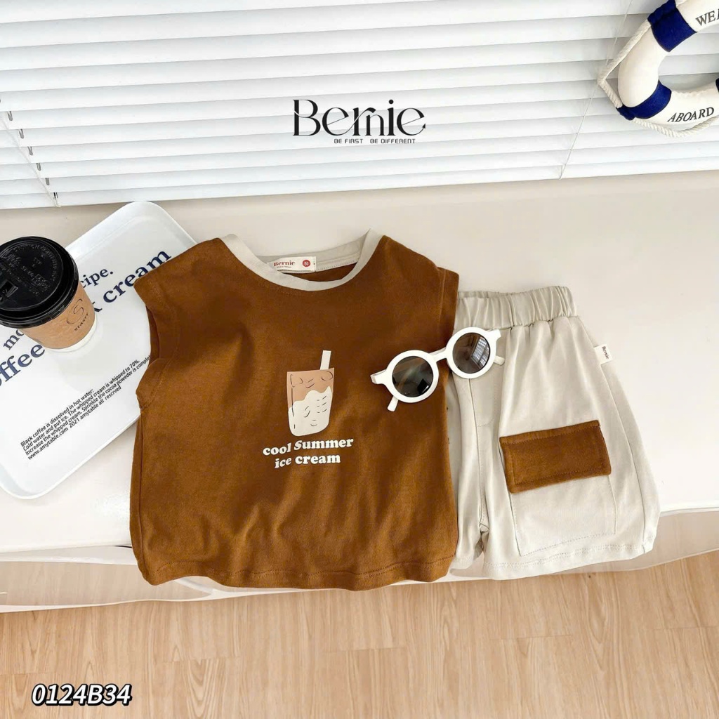Bộ bé trai cotton phối quần túi hộp hoạ tiết trà sữa cho bé, bộ thun cổ tròn ba lỗ dáng basic bé trai