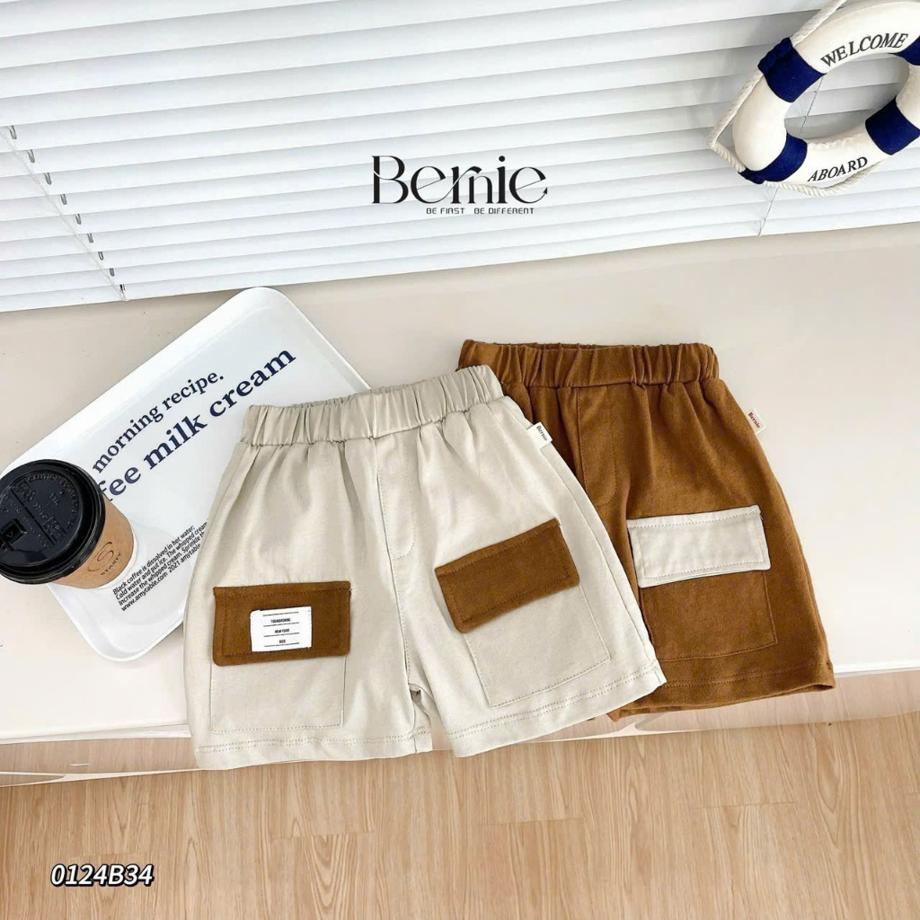 Bộ bé trai cotton phối quần túi hộp hoạ tiết trà sữa cho bé, bộ thun cổ tròn ba lỗ dáng basic bé trai