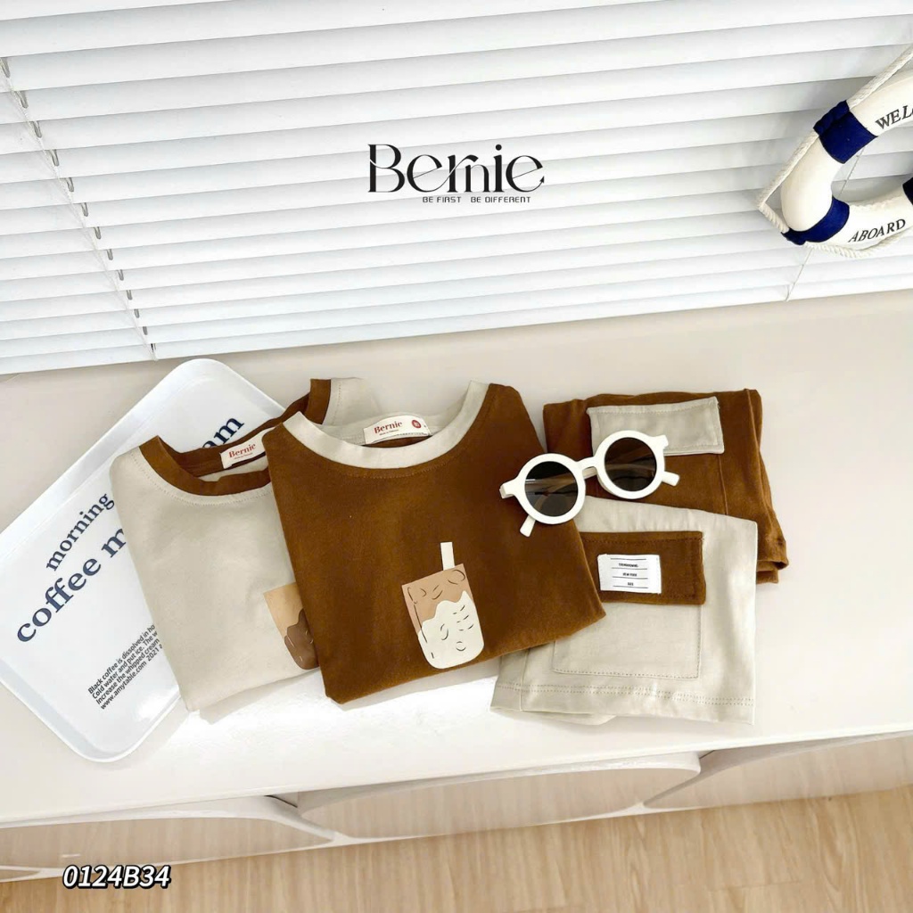 Bộ bé trai cotton phối quần túi hộp hoạ tiết trà sữa cho bé, bộ thun cổ tròn ba lỗ dáng basic bé trai