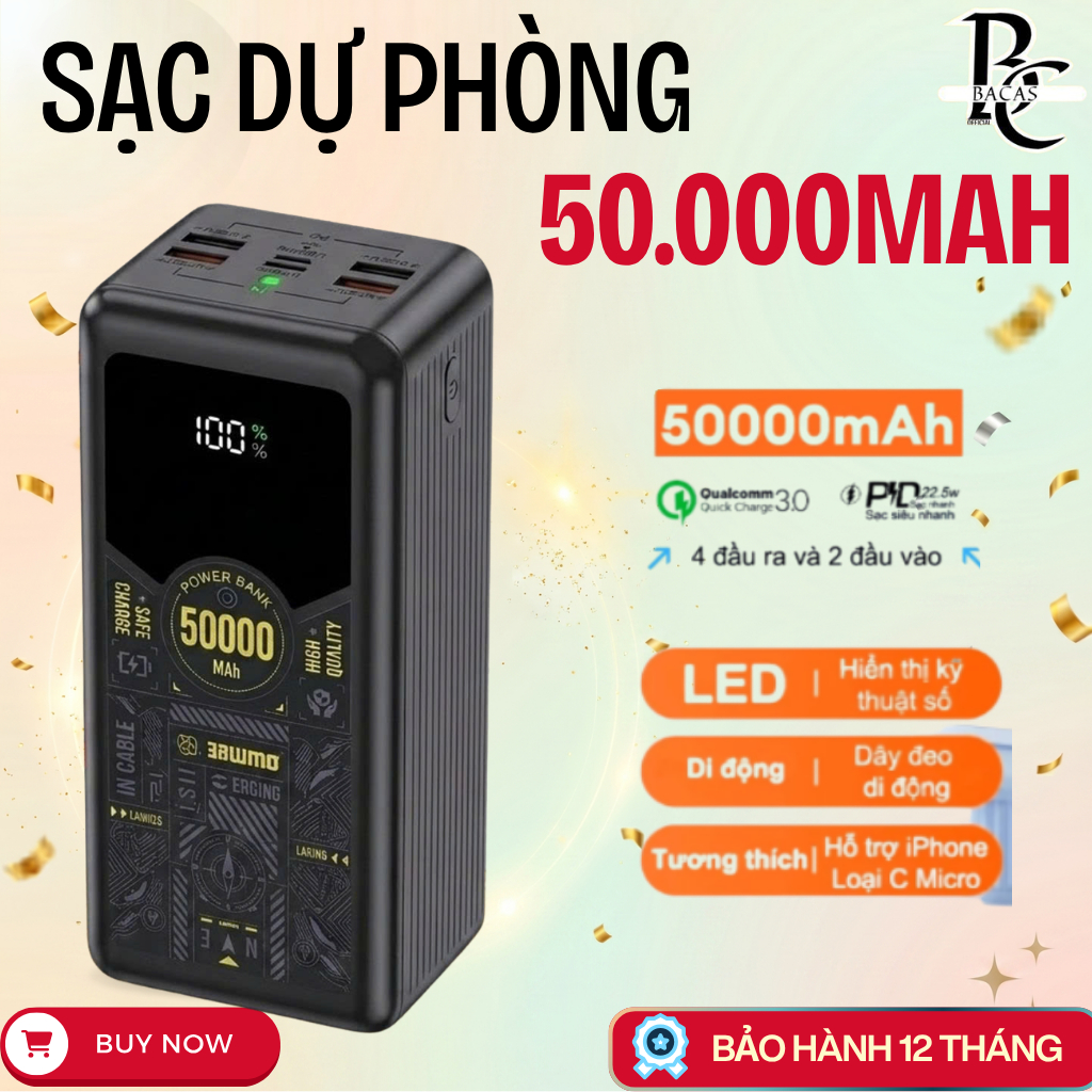 Sạc Dự Phòng KOZMO 50000mAh KM05 Sạc Nhanh 22.5W Kèm 3 Cáp Sạc Có Đèn LED ,Quai Xách Cực Tiện Lợi