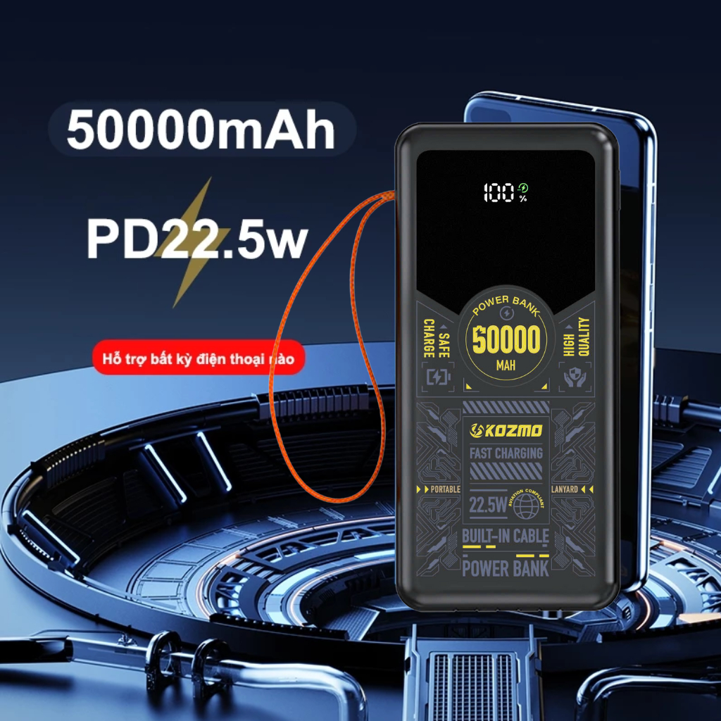Sạc Dự Phòng KOZMO 50000mAh KM05 Sạc Nhanh 22.5W Kèm 3 Cáp Sạc Có Đèn LED ,Quai Xách Cực Tiện Lợi