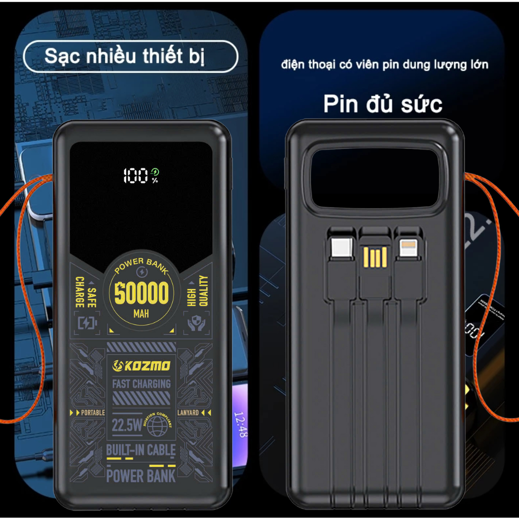 Sạc Dự Phòng KOZMO 50000mAh KM05 Sạc Nhanh 22.5W Kèm 3 Cáp Sạc Có Đèn LED ,Quai Xách Cực Tiện Lợi