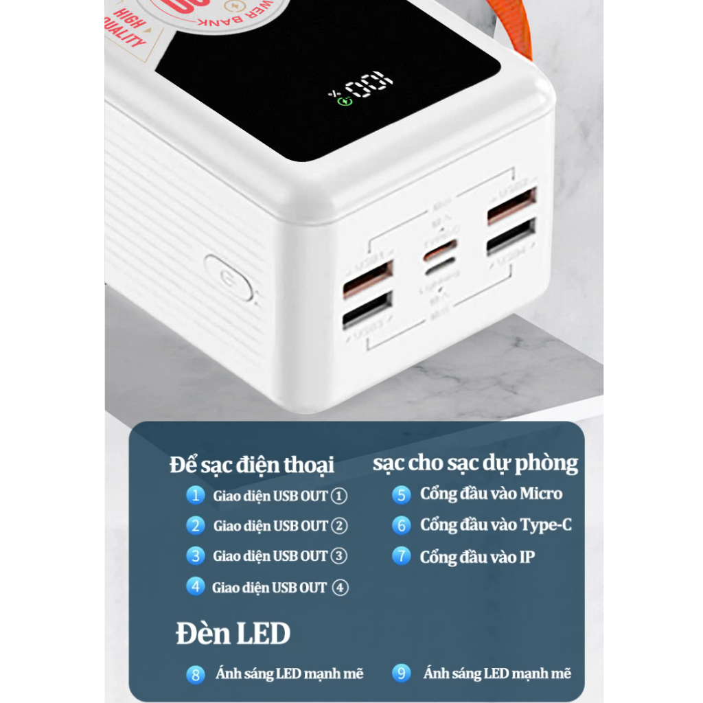 Sạc Dự Phòng KOZMO 50000mAh KM05 Sạc Nhanh 22.5W Kèm 3 Cáp Sạc Có Đèn LED ,Quai Xách Cực Tiện Lợi