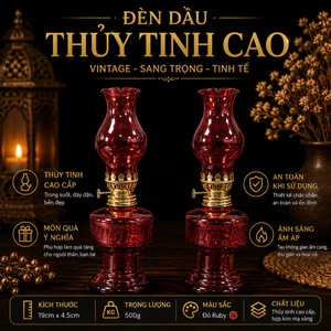 Đèn Dầu Thủy Tinh Dáng Cao Cổ Phong Sắc Đỏ Ruby - Phong Cách Vintage Uy Nghiêm Trang Trí Bàn Thờ, Không Gian Trà Đạo