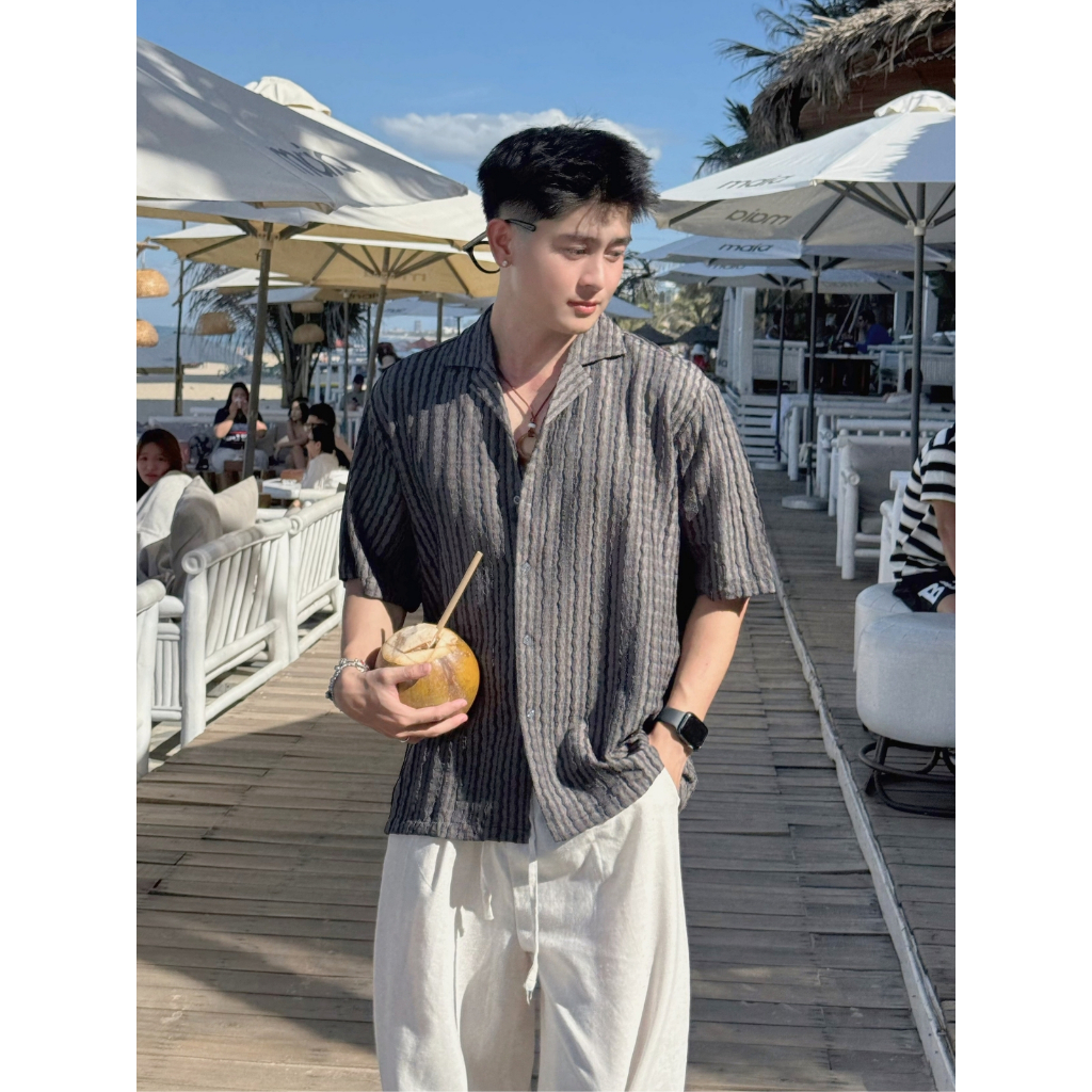 Áo Sơ Mi Ngắn Tay Đi Biển Hoạ Tiết Đan Lưới Dập Nổi Lượn Sóng Cổ Cuban Shirt Nam Nữ ARTGOD HMA115