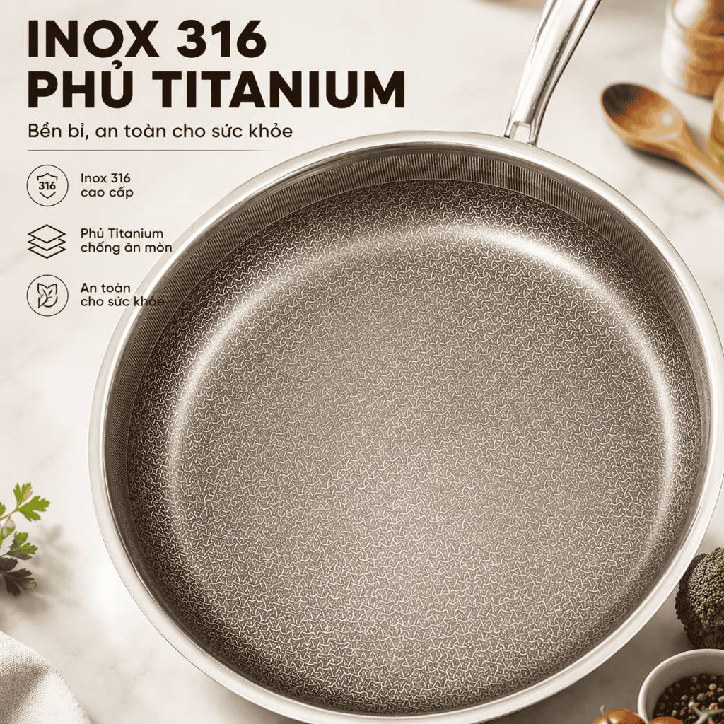 Chảo Inox 316 Titanium Engler EL3815 Chảo cạn lòng 7 lớp chống dính tự nhiên dùng mọi loại bếp