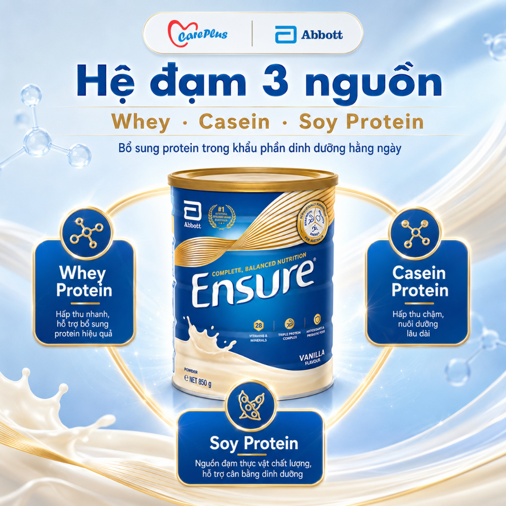 Sữa bột dinh dưỡng Abbott Ensure Úc 850g vị Vanilla, 28 vitamin khoáng chất