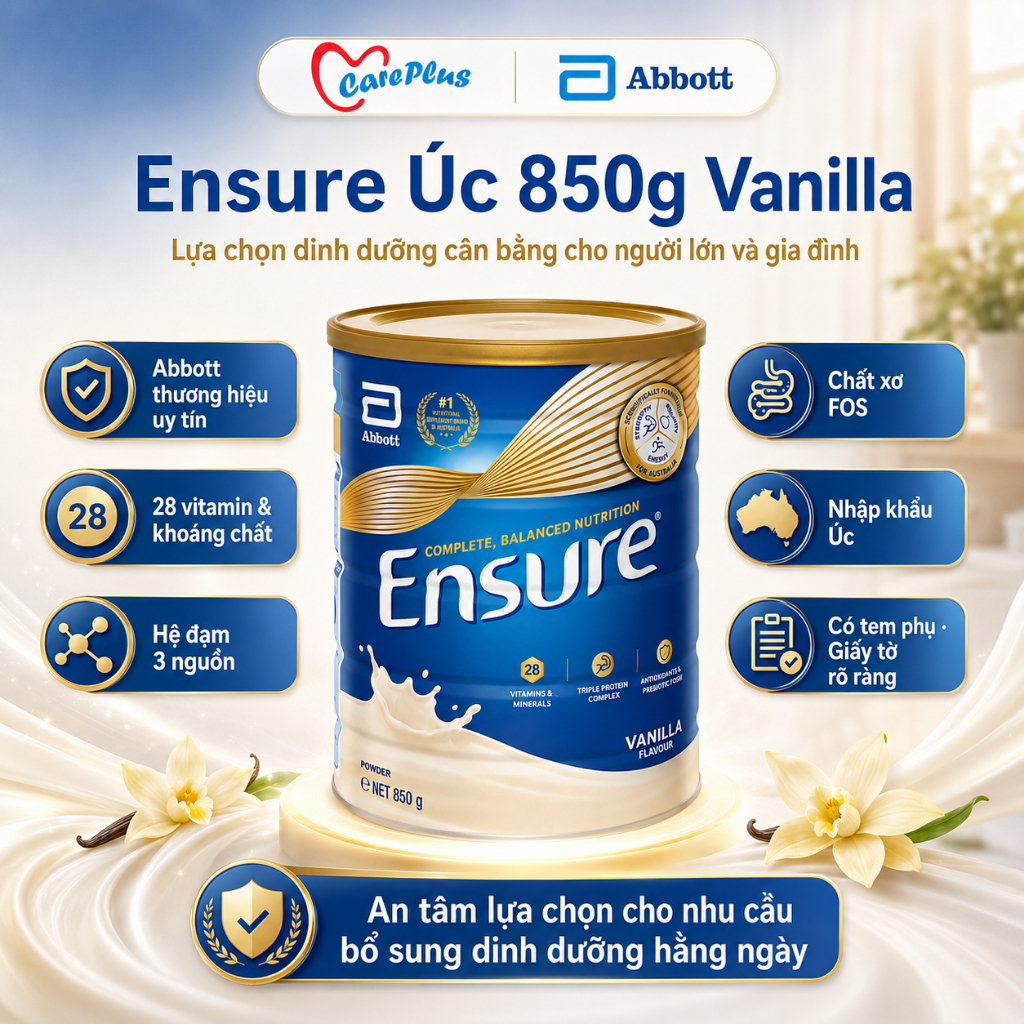 Sữa bột dinh dưỡng Abbott Ensure Úc 850g vị Vanilla, 28 vitamin khoáng chất