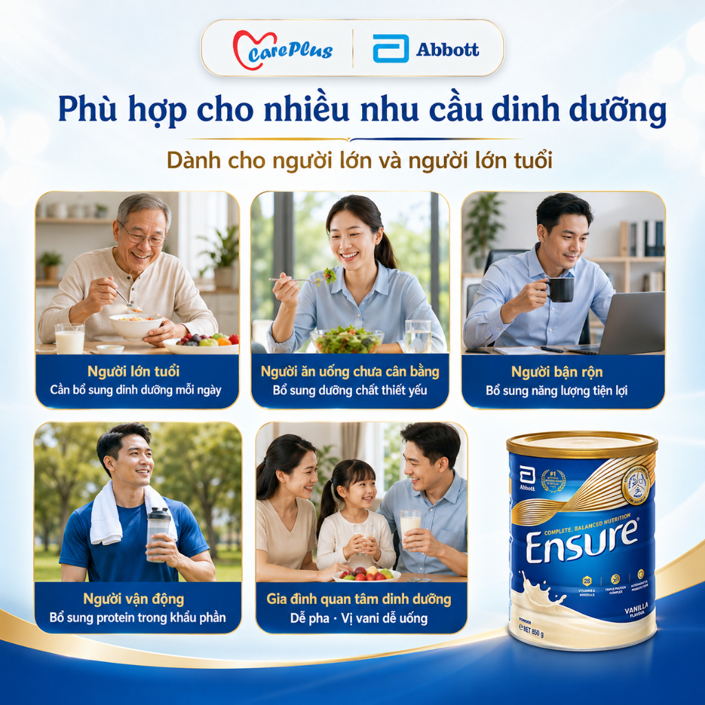 Sữa bột dinh dưỡng Abbott Ensure Úc 850g vị Vanilla, 28 vitamin khoáng chất