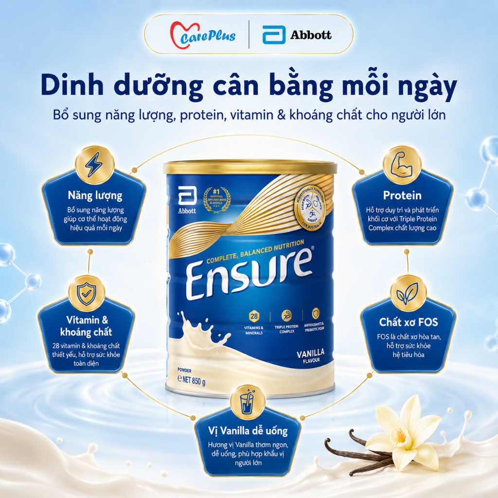 Sữa bột dinh dưỡng Abbott Ensure Úc 850g vị Vanilla, 28 vitamin khoáng chất