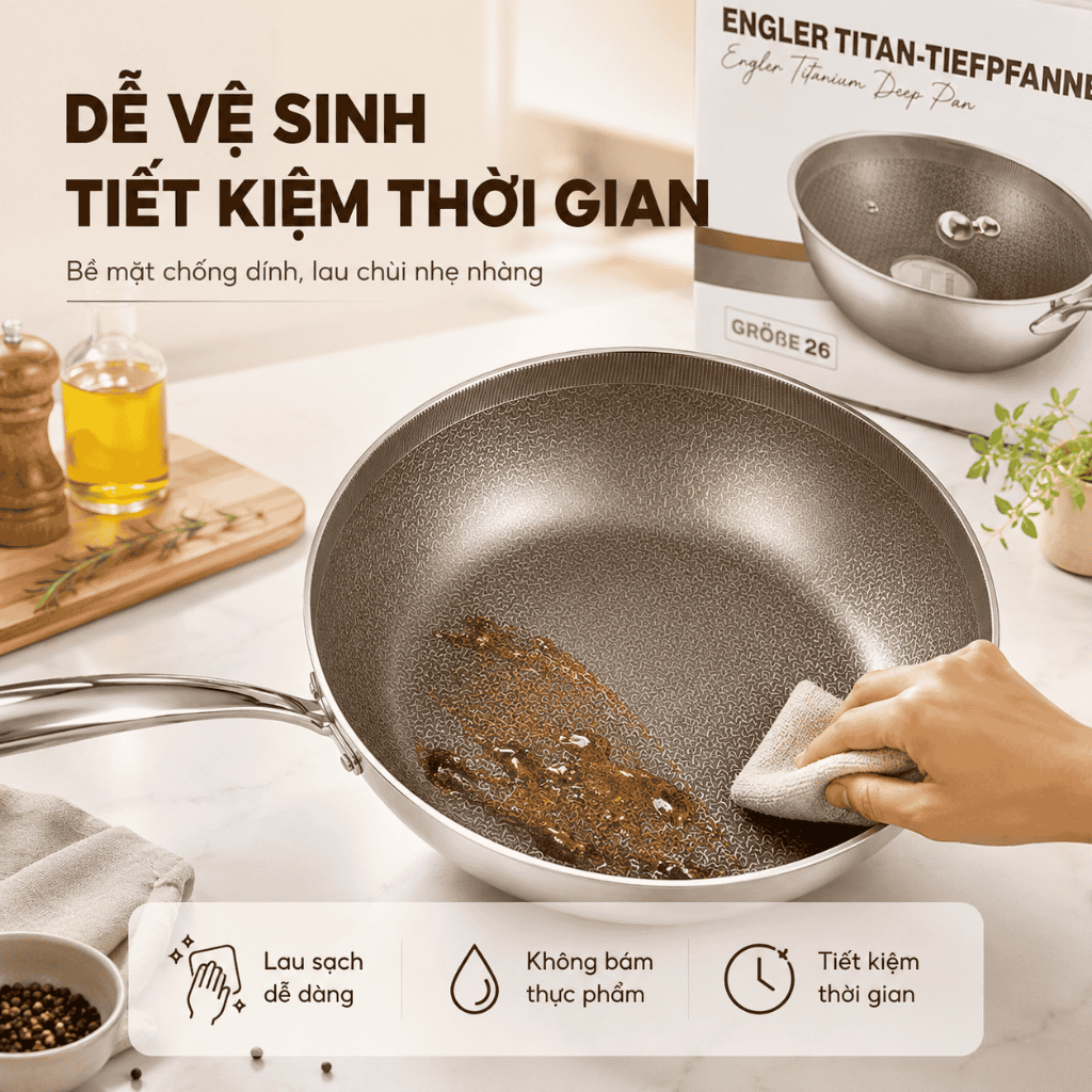 Chảo Inox 316 Titanium Engler EL3825TT Chảo sâu lòng 7 lớp chống dính tự nhiên dùng mọi loại bếp
