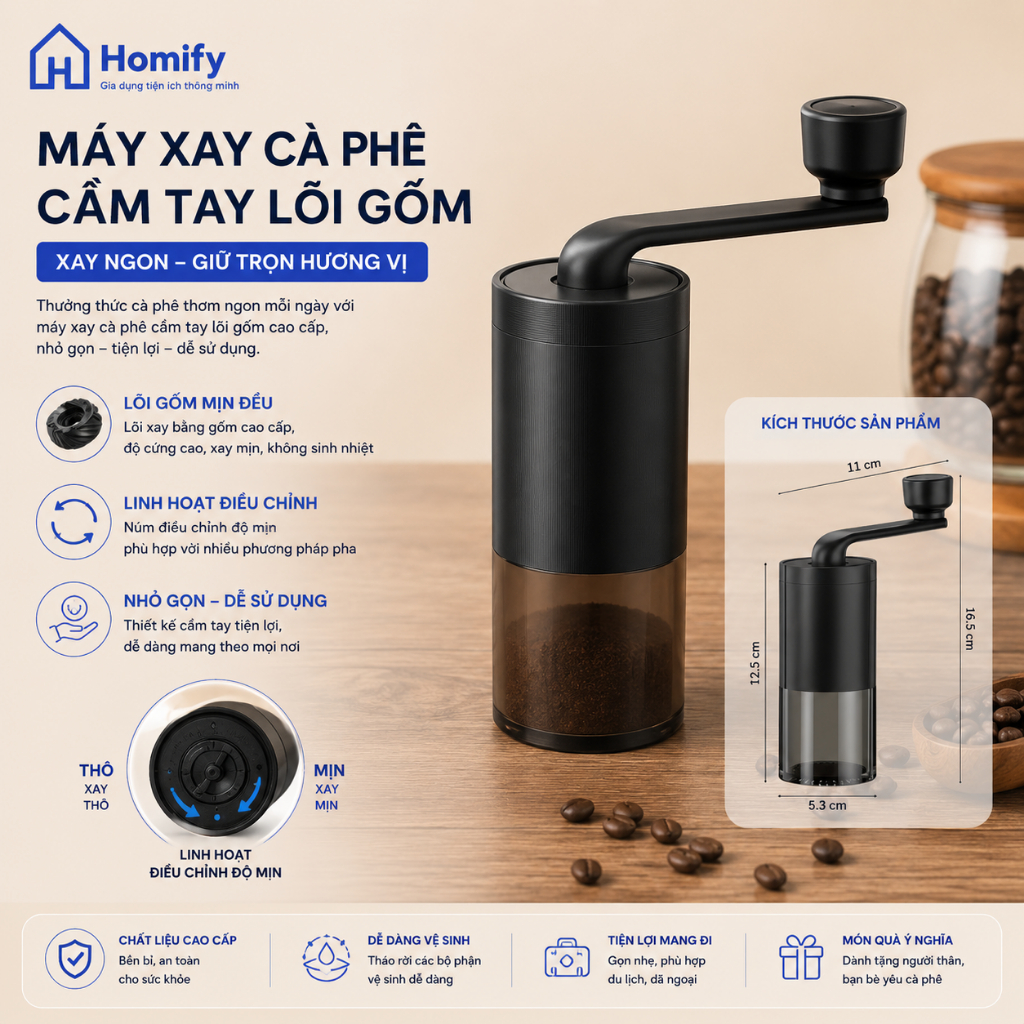 Máy Xay Cà Phê Cầm Tay Homify Lưỡi Gốm Cao Cấp, Xay Hạt Cafe Thủ Công Điều Chỉnh Độ Mịn