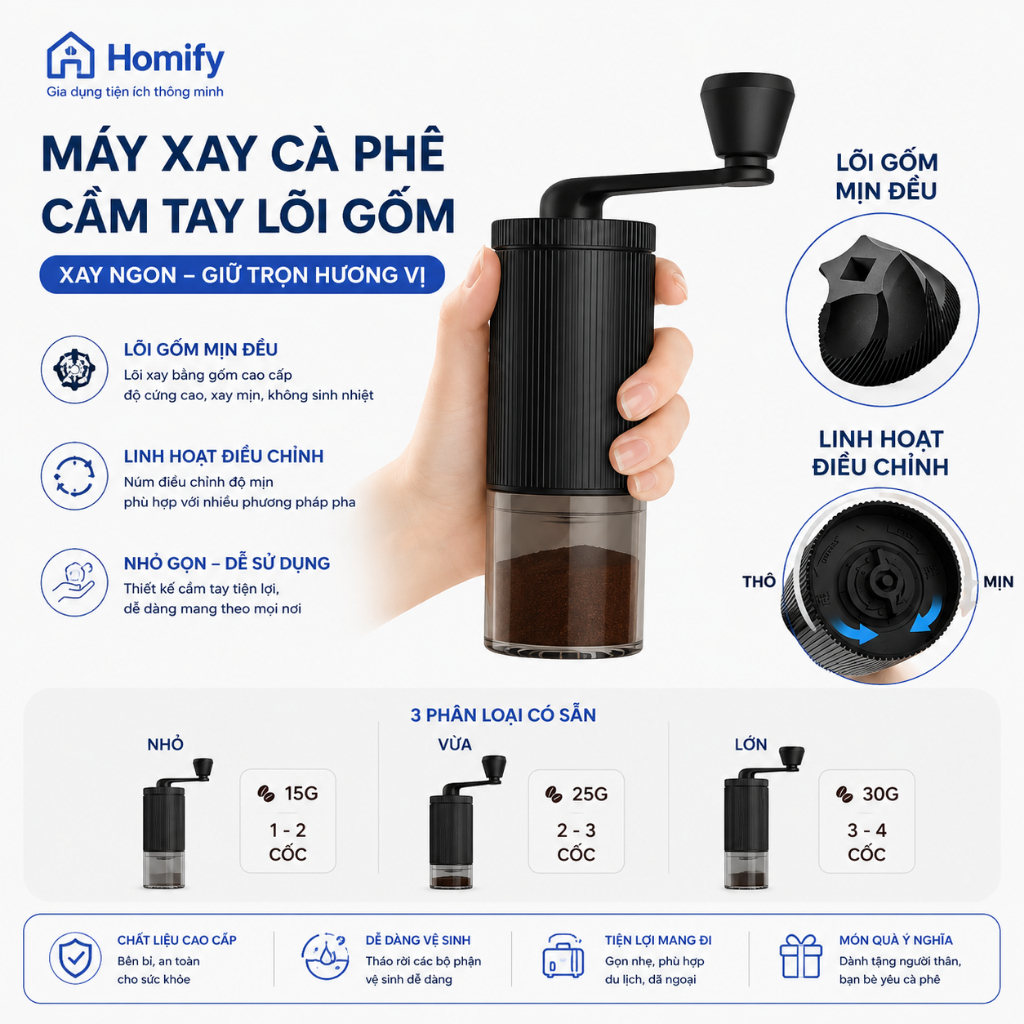 Máy Xay Cà Phê Cầm Tay Homify Lưỡi Gốm Cao Cấp, Xay Hạt Cafe Thủ Công Điều Chỉnh Độ Mịn