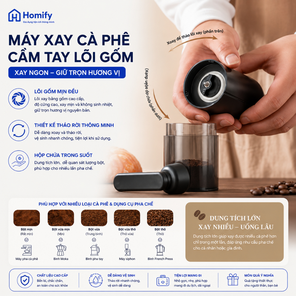 Máy Xay Cà Phê Cầm Tay Homify Lưỡi Gốm Cao Cấp, Xay Hạt Cafe Thủ Công Điều Chỉnh Độ Mịn