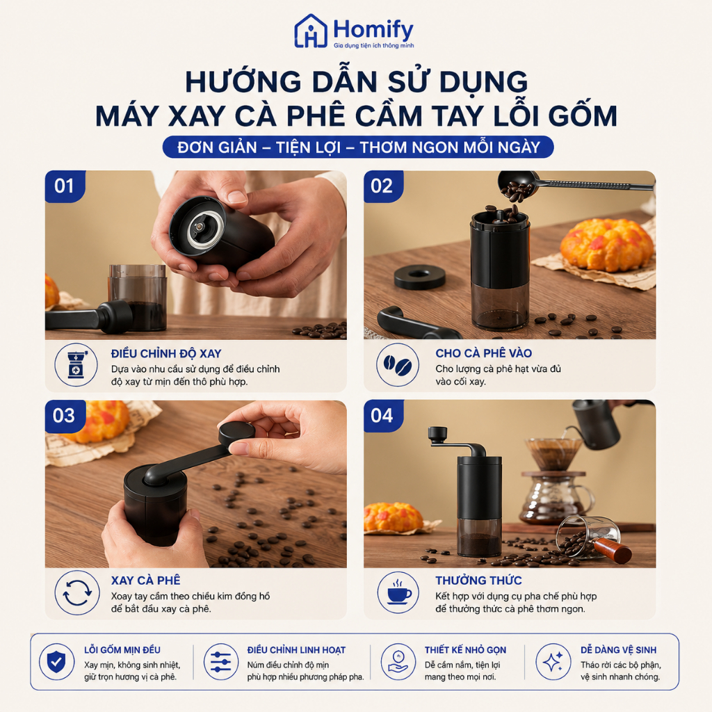 Máy Xay Cà Phê Cầm Tay Homify Lưỡi Gốm Cao Cấp, Xay Hạt Cafe Thủ Công Điều Chỉnh Độ Mịn