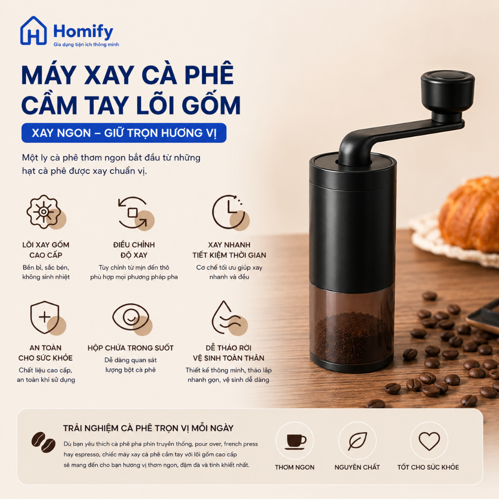 Máy Xay Cà Phê Cầm Tay Homify Lưỡi Gốm Cao Cấp, Xay Hạt Cafe Thủ Công Điều Chỉnh Độ Mịn