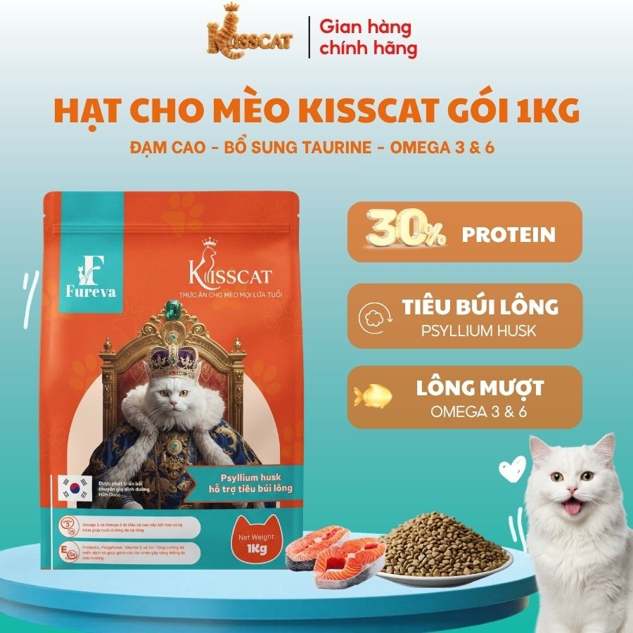 [1KG Tặng 5 Súp S2]Thức Ăn Hạt Mèo Kisscat Fureva 1kg - Hạt Khô Cho Mèo Con Mọi Lứa Tuổi, Đạm 30% Giảm Búi Lông