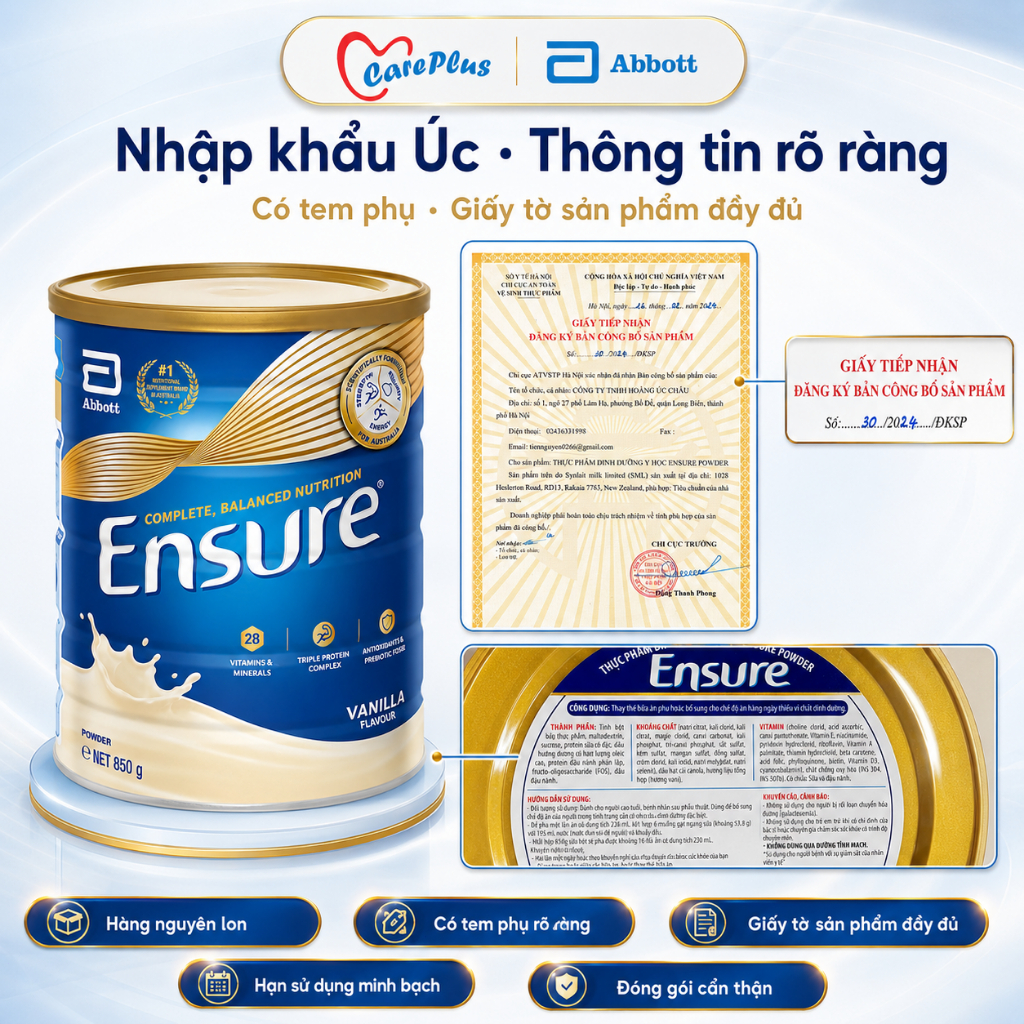 Sữa bột dinh dưỡng Abbott Ensure Úc 850g vị Vanilla, 28 vitamin khoáng chất