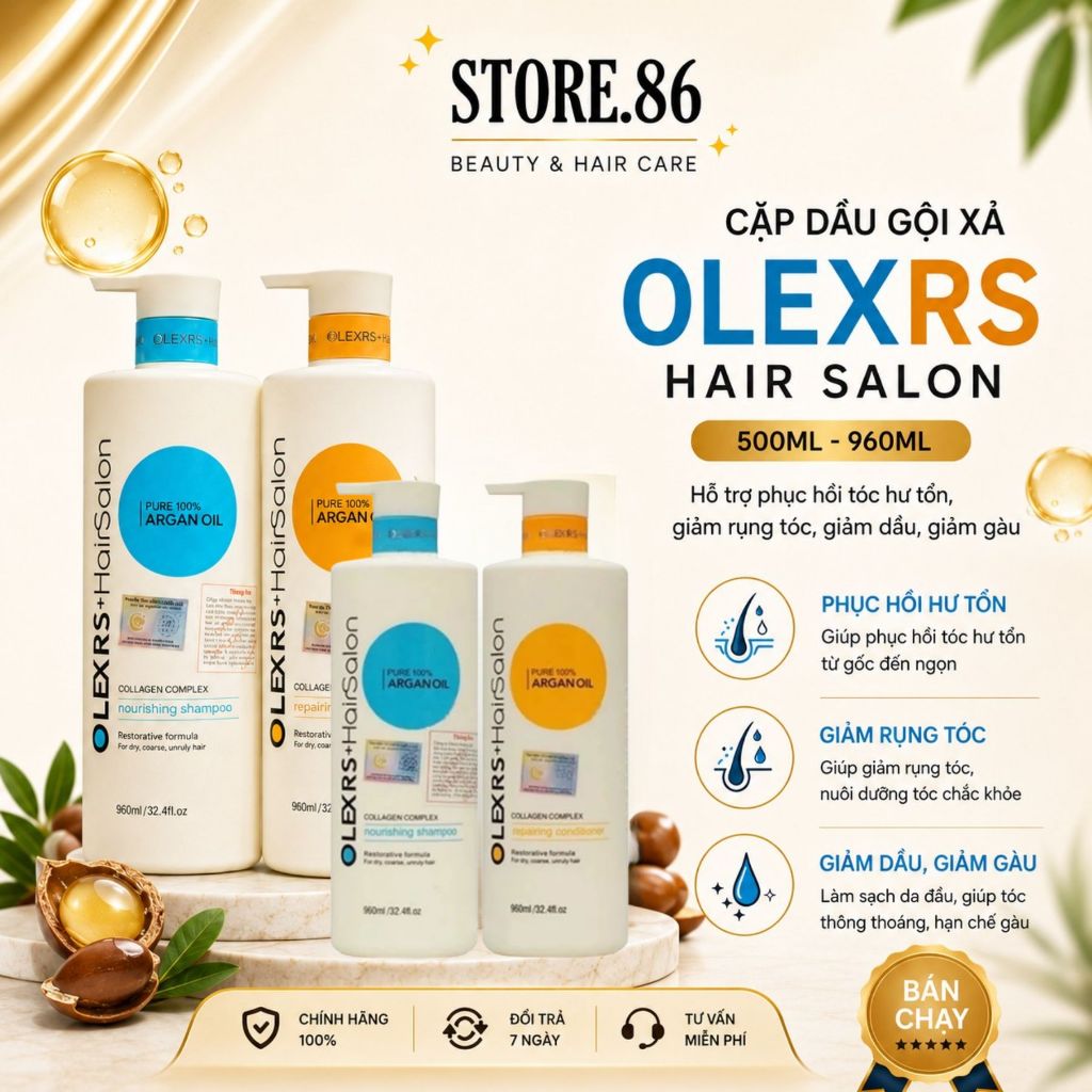 Cặp Dầu Gội Xả OLEXRS Hair Salon 500ml - 960ml | Sạch Thoáng Da Đầu, Tóc Mềm Mượt & Bóng Khỏe