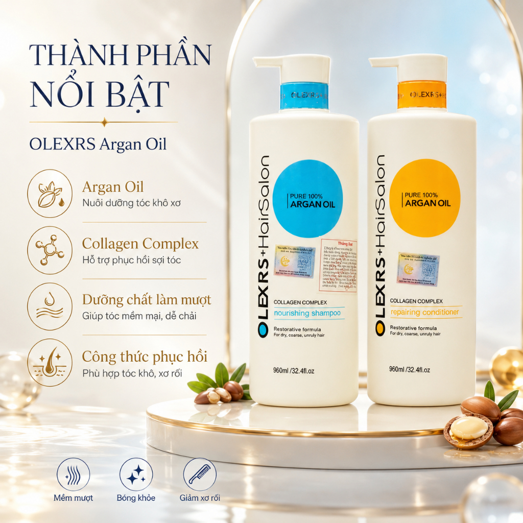 Cặp Dầu Gội Xả OLEXRS Hair Salon 500ml - 960ml | Sạch Thoáng Da Đầu, Tóc Mềm Mượt & Bóng Khỏe