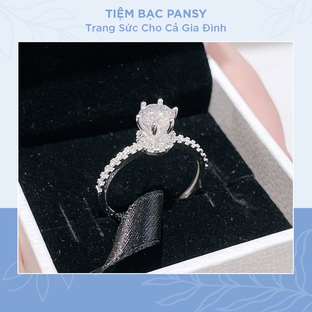 Nhẫn bạc nữ PANSY ổ đá 6 chấu trụ cao viền nạm đá sang trọng bằng bạc ta