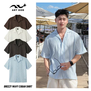 Áo Sơ Mi Ngắn Tay Đi Biển Hoạ Tiết Đan Lưới Dập Nổi Lượn Sóng Cổ Cuban Shirt Nam Nữ ARTGOD HMA115