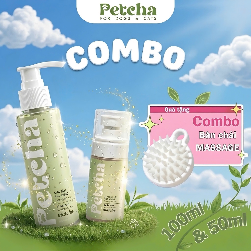 Combo Sữa Tắm + Xịt Khử Mùi Cho Chó Mèo | PETCHA - Làm Sạch Lông Thú Cưng, Khử Mùi Hiệu Quả, Dịu Nhẹ An Toàn, Giữ Lôn